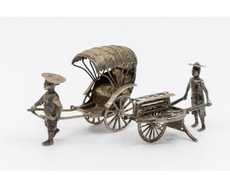 Two late 19th/early 20th century Chinese silver figures, one depicting a flower seller and cart, approx. 6cm long x 4cm high,