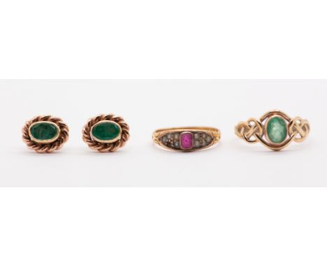 A pair of emerald and 9ct gold earrings, comprising an oval emerald within a rope border, size approx 13mm, along with a emer