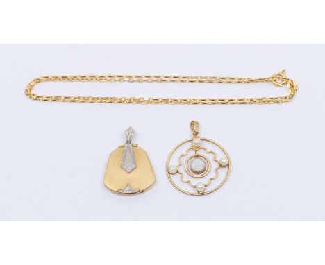 An opal and 9ct gold Edwardian style pendant, open wirework circular form set to the centre with an opal with cultured pearls