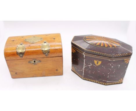 A late 19th Century small oak tea caddy along with an early 20th Century caddy tin.