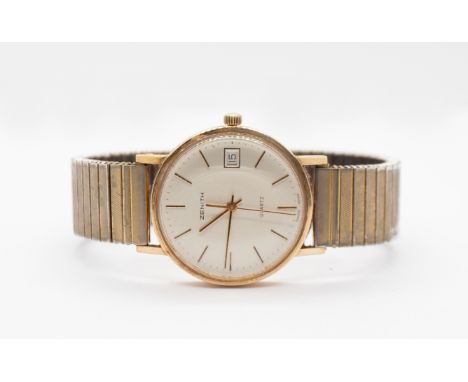 A gent's vintage 9ct gold Zenith wrist watch,  comprising a round signed silvered dial with applied gilt indices, date apertu