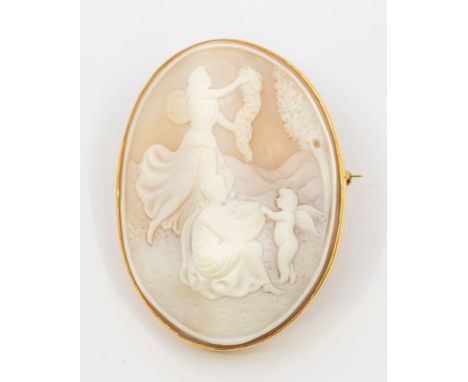 A finely carved shell cameo and 18ct gold brooch, comprising an oval form, depicting a classical scene, length approx 50 x 65