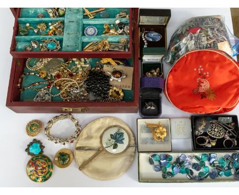 A collection of costume jewellery to include a a stone set 14ct gold spray brooch, set with blue stones, total gross weight a