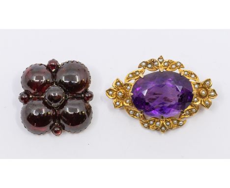 Two early 20th century brooches, to include an oval amethyst and seed pearl, oval amethyst measuring approx 20x15mm, in claw 