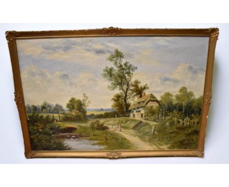 John Henry Boel aka Francis Jameson (British 1884-1922) oil on canvas of a riverside farmhouse, signed l r,&nbsp; 50 x 75cm, 