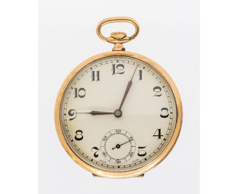 An Art Deco gold plated pocket watch, comprising a silvered dial with Arabic indices, subsidiary dial at 6, outer seconds tra