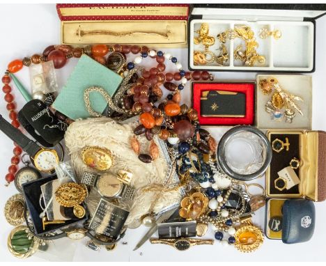 A collection of vintage costume jewellery to include a silver 935 ladies pocket watch (some dents) along various costume jewe