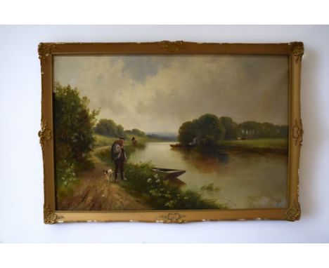 John Henry Boel aka Francis Jameson (British 1884-1922) oil on canvas of a gent strolling by a river with dog, signed l r, so