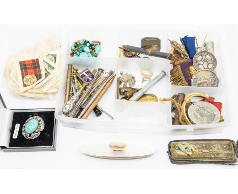 A collection of mixture items to include a  turquoise and pearl set gold CC stick pin in unmarked yellow metal assessed as 15