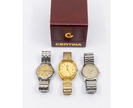 A collection of three gents vintage wristwatches to include a gold plated Tissot circa 1970's with gilt dial with baton marke