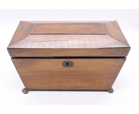 19th Century tea caddy on lions paw feet along with commemorative coins.