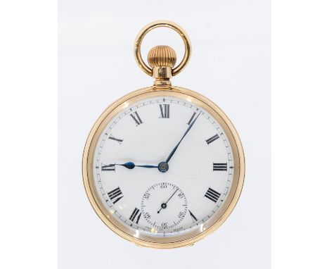 An early 20th century 9ct gold faced  pocket watch, comprising a white enamel dial with Roman numerals, subsidiary dial at 6,