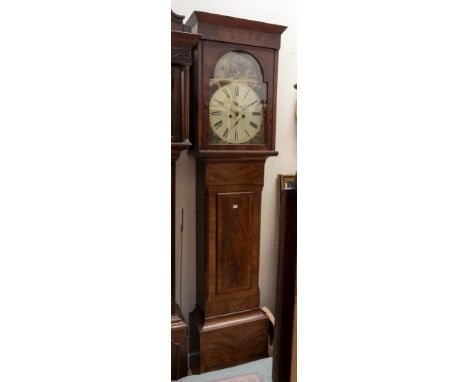 George III Scottish 8 day longcase clock with Roam numerals, painted arched dial, dial second and date dials in rose mahogany