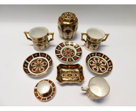 Collection of Royal Crown Derby 1128 Imari, first quality, to include ginger jar, two loving mugs, coffee can and saucer, min