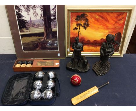Two resin figures, vintage box of draughts, cracket bat and miniature bat, game of bowls and two pictures.