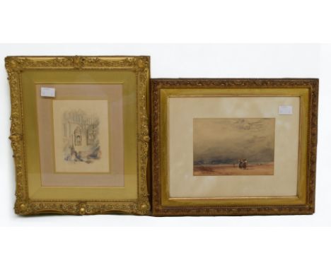David Cox (British, 1783-1859) ' Lancaster Sands' watercolour, 12 x 16cm, signed l r, framed and glazed along with an engravi
