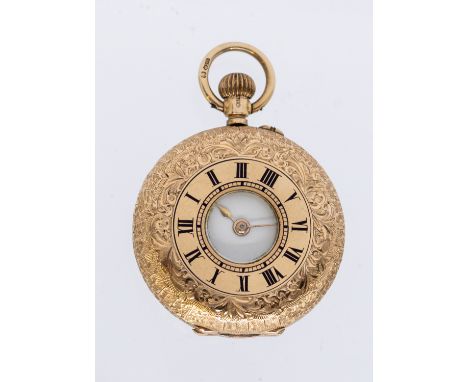 A ladies 9ct gold half hunter faced pocket watch, comprising a white enamel dial with Roman numeral markers, keyless wind at 