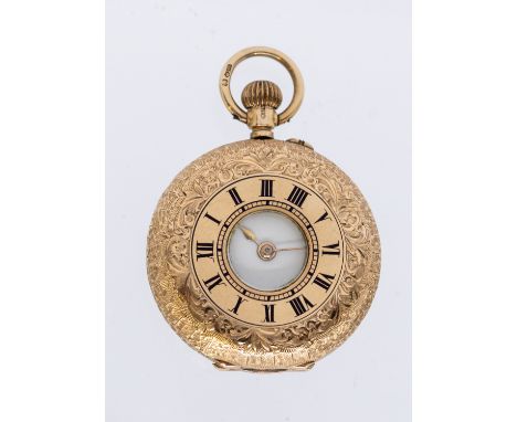 A ladies 9ct gold half hunter faced pocket watch, comprising a white enamel dial with Roman numeral markers, keyless wind at 