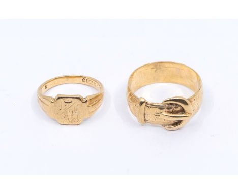 A gents 9ct gold buckle ring, size T and a 9ct gold signet ring with initialed top, also inscribed to shank, size L, combined