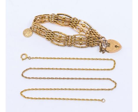 A 9ct fancy link gate bracelet with padlock, width approx 13mm, length approx 16cm, suspending a small St Christopher charm, 