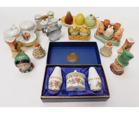 A large collection of various ceramic cruet and condiment sets to include mixed styles of animal related, some shaped as bino
