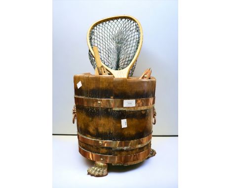 A collection of treen to include barrel coal bucket, racket, barometer and weathering tool.