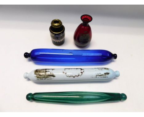 Three 19th century glass rolling pins, blue, green and opal. Along with 19th century glass perfume bottle with enamel detail 