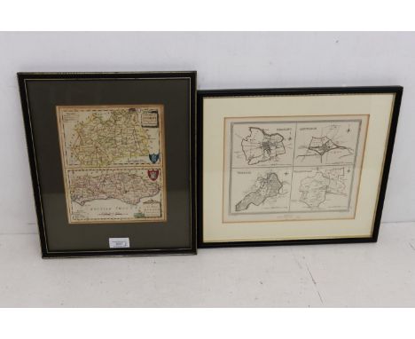 18th century framed hand tinted map of Surrey and Sussex c. 1785, along with a 19th century map of London boroughs &nbsp;&nbs