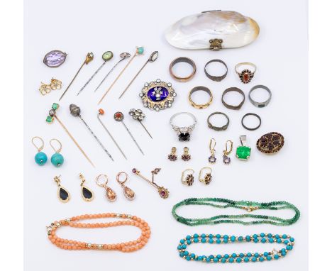 A collection of jewellery to include; seven pairs of assorted costume earrings plus two pairs of gold drop earrings, one set 