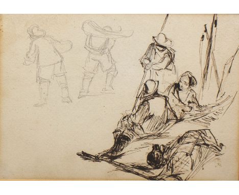 James Crawford Wintour RSA RSW (Scottish, 1825-1882) Figures by fishing pots pen and ink sketch, 15.5 x 21.5cm  labels verso,