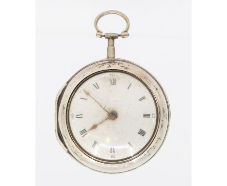 A 18th century silver pair case pocket watch, comprising an enamel dial with numeral indices, quarter seconds markers to oute