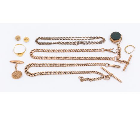 A collection of gold  jewellery to include a graduated 9ct rose gold albert link chain with T bar and wsivel clasp, length ap