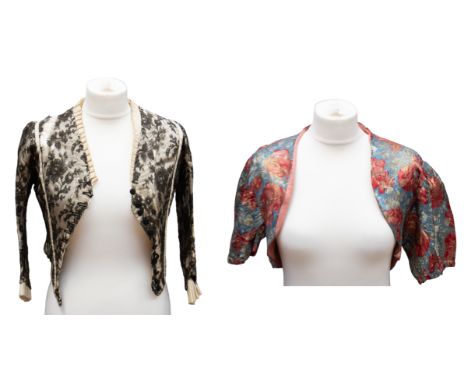  An early 1900s silk bolero jacket, hand-made, in floral pattern of red poppies and golden thread on a light blue background,