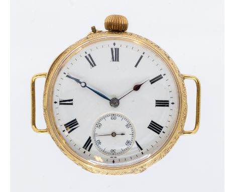 A ladies 18ct gold open faced pocket watch modified to wrist watch face, comprising a white enamel dial with Roman numeral ma