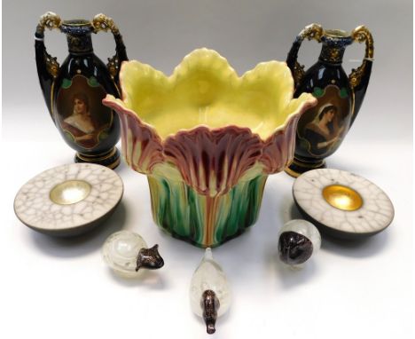 A pair of early 1900s continental cameo mantle vases, dark blue ground with gilt finish, hand tinted transfer printed portrai