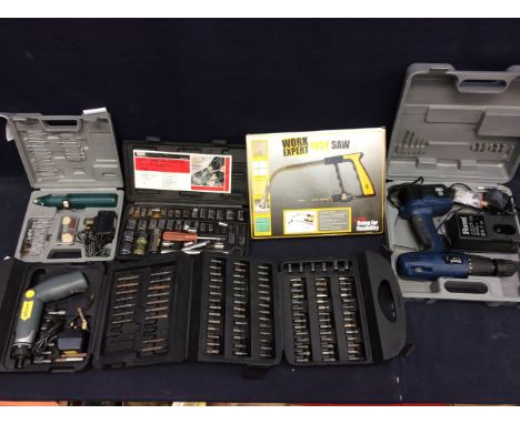 A collection of tools to include drill sets, electrical screwdriver sets and others.