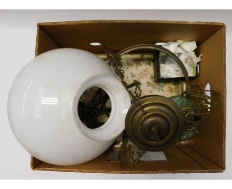 Late 19th Century Victorian oil ceiling light, complete with shade and funnel, tarnished