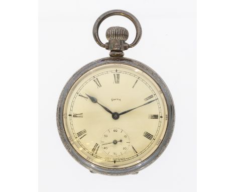 A Smiths open faced silver cased pocket watch comprising a signed cream dial with numeral indices, subsidiary at 6, engine tu