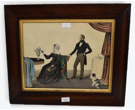 Naive possibly Scottish watercolour portrait of a couple and dog. Inscribed to reverse 1838 along with other details of the s