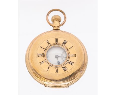 An early 20th century gold plated Elgin half hunter pocket watch, white enamel dial with numeral indices, subsidiary dial at 