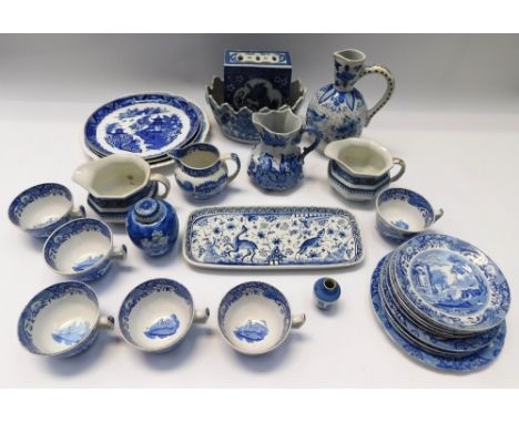 A mixed collection of 19th and 20th century blue and white ceramics to include; Masons ironstone, Spode, Chinese, Delfts, Bur