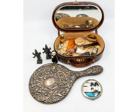 A mixed lot of silver and other items to include; a Chester silver embossed hand mirror, having foliage and bird design, vaca