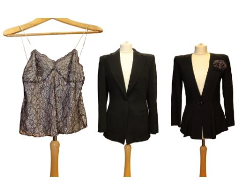 Armani jacket in a moss crepe with one button detail, two slashed front pockets, bb black evening jacket with peplum and one 