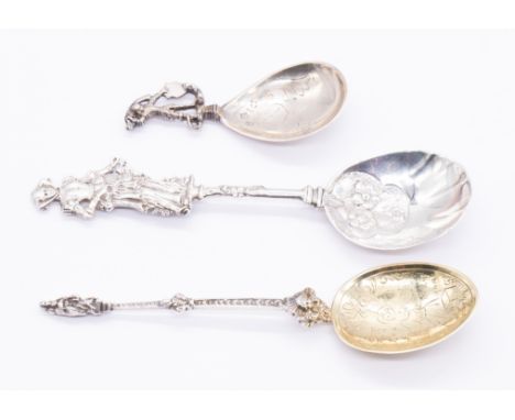 Three late 19th/early 20th century continental spoons to include: 1. 19th century German silver spoon with lady shaped termin