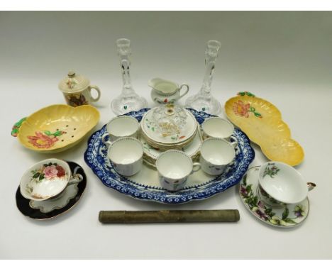 A collection of mid 20th Century china wares, Carlton ware, Heathcote blue and white meat plate, glass candle sticks etc incl