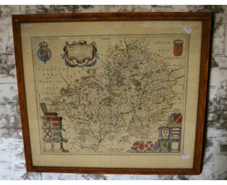 Blaeu, Joan. 17th-century map of Worcestershire &amp; Warwickshire, hand-coloured copper engraving on laid/chain-lined paper,