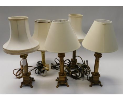 Five modern or late 20th century reproduction Corinthian column or 19th century style lamp bases, all with shades present Ele