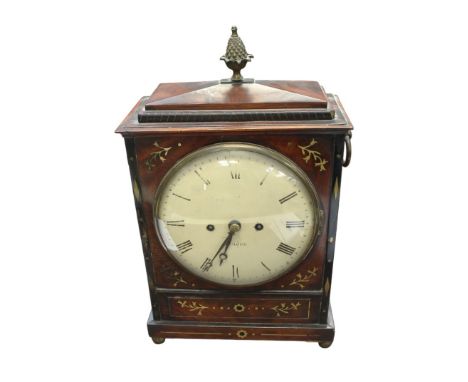 A late 18th century rosewood inlaid bracket clock, 8-day, with round enamel face and Roman numerals. The maker's name is too 