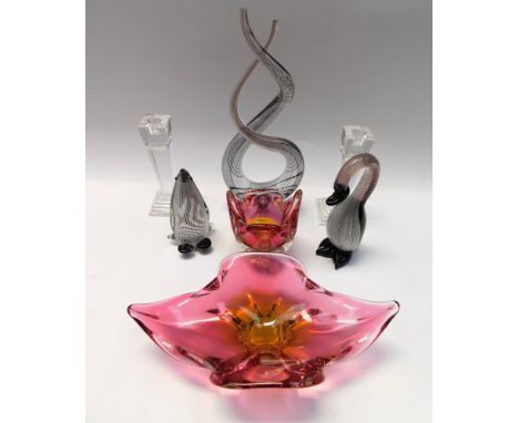 A collection of mixed cut glass wares, coloured studio and others including figures, retro bowls etc. 1 item with damage  (35