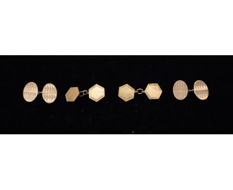 Two pairs of 9ct gold cufflinks comprising a hexagonal pair and an oval pair, both with engine turned decoration, combined we